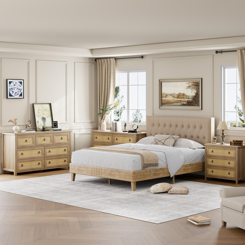 Rattan Dresser with 7 Drawers, 54'' Wide Chest of Drawers with Large Clothes Storage Cabinet, Wood Bedroom Dresser