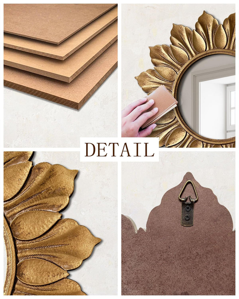 Sunflower Sunburst Wall Mirror, 22" Distressed Gold Wooden Frame