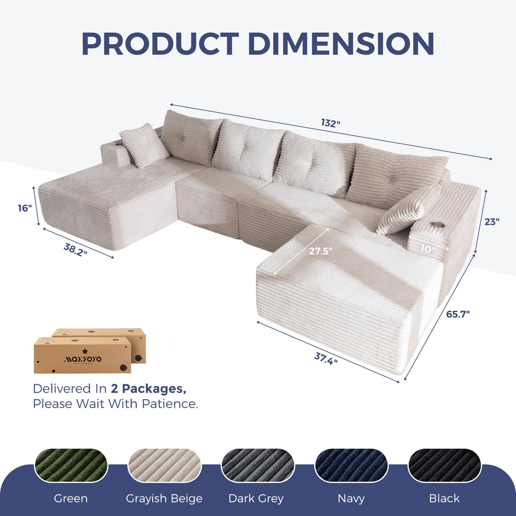 Boneless Couch, 132" U-Shaped Modular Sofa, Left-Facing Chaise