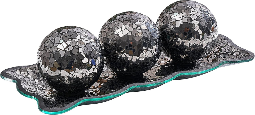 12.4" Mosaic Glass Decorative Tray Dish Plate with 3pcs 3" Decorative Orbs Balls Sphere Decor or Dining Table Coffee