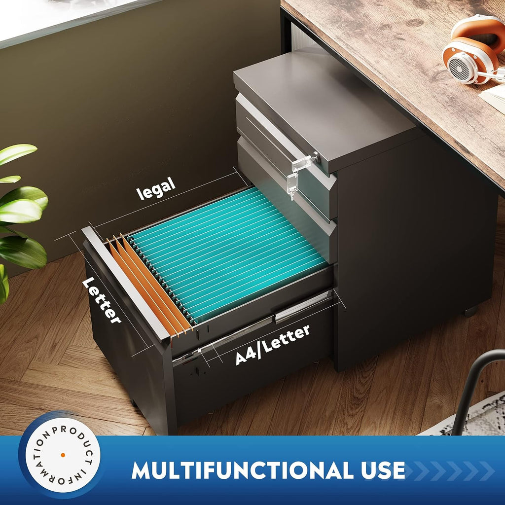 3 Drawer Mobile File Cabinet with Lock, Under Desk Metal Filing Cabinet /Legal/Letter/A4 File, Fully Assembled Except