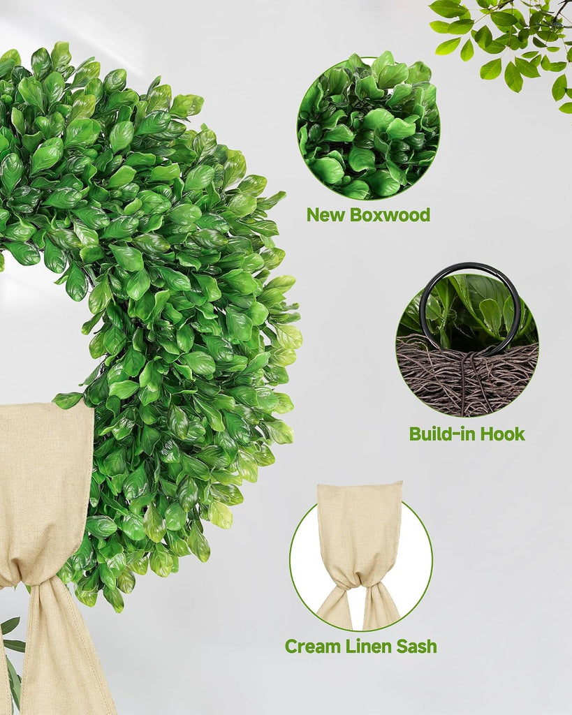 20 Inch Faux Round Boxwood Wreath, Weatherproof Wreaths for Front Door, Artificial Spring Summer Greenery Wreath