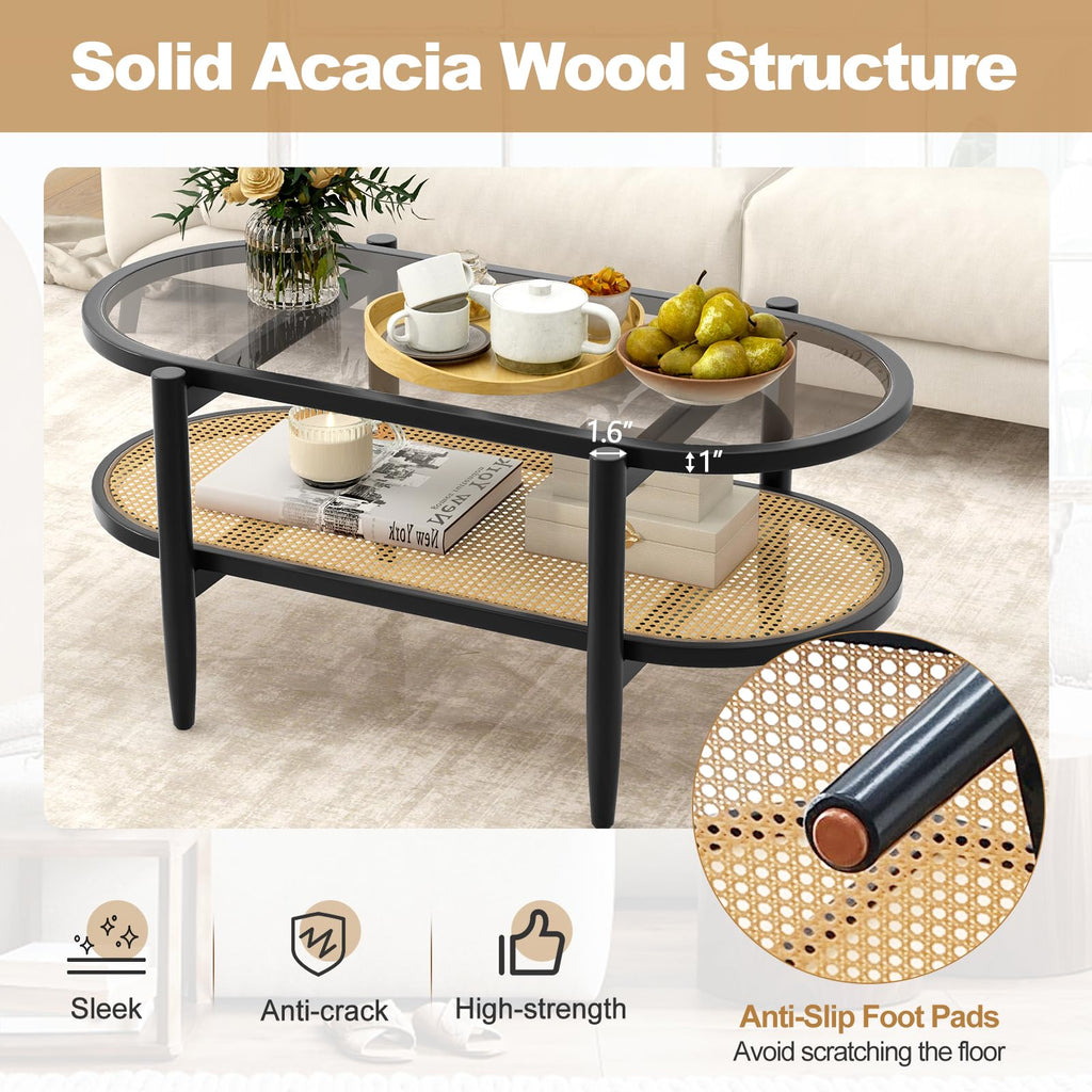 Oval 2-Tier Rattan Coffee Table with Curved Wood Frame (Black)