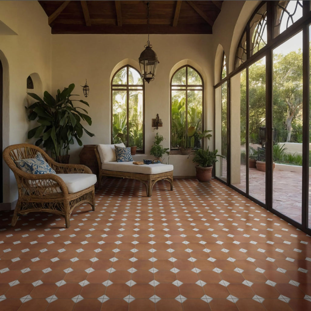 Terracotta Cotto & White Geometric Porcelain Floor and Wall Tile 13" x 13", Matte Vintage Pattern Decorative Tile
