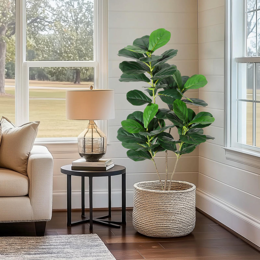 4FT Fiddle Fig Artificial Tree Faux Floor Plant with Black Planter Pot, Potted Fake Fiddle Fig Tree for Indoor