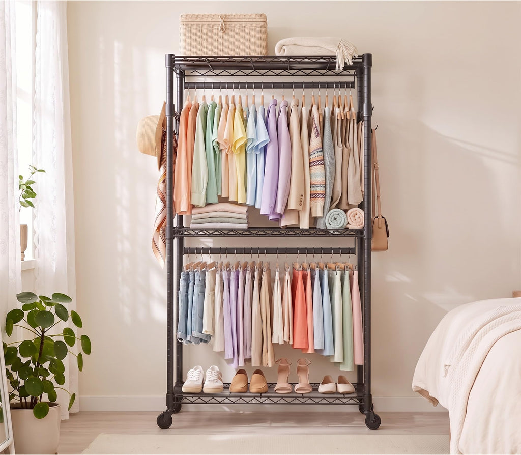 Clothes Rack, Rolling Rack 3 Tiers Adjustable Clothes Rack, Black