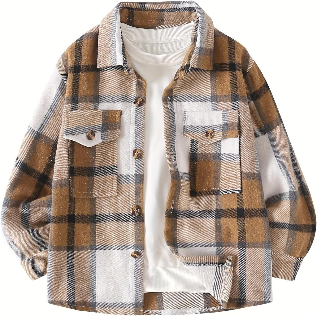 Boys Plaid Flannel Shirt 2 Piece Long Sleeve Tops Button Down Shirts