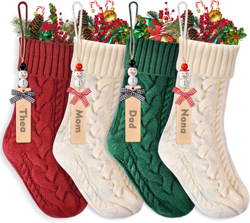 S, Personalized Stocking Set with DIY Snowman Tags, Stockings Christmas 4 Pack , 18" Large Cable Knit Xmas - Set of 4