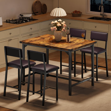 5-Piece Dining Table Set with Counter Height High Top Table and 4 Chairs, Dining Table Set for 4 w/Footrest &