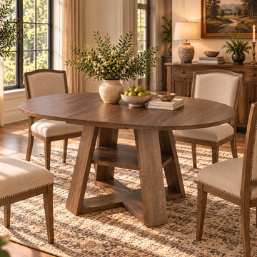 Extendable Round Dining Table for 4-6, 43.3"-59" Round to Oval Kitchen Table with Storage Shelf, Mid-Century Modern &