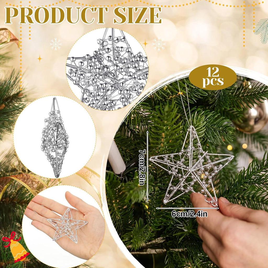 2.8" Beaded Silver Star Ornaments 3D Metal Christmas Decor - Set of 12