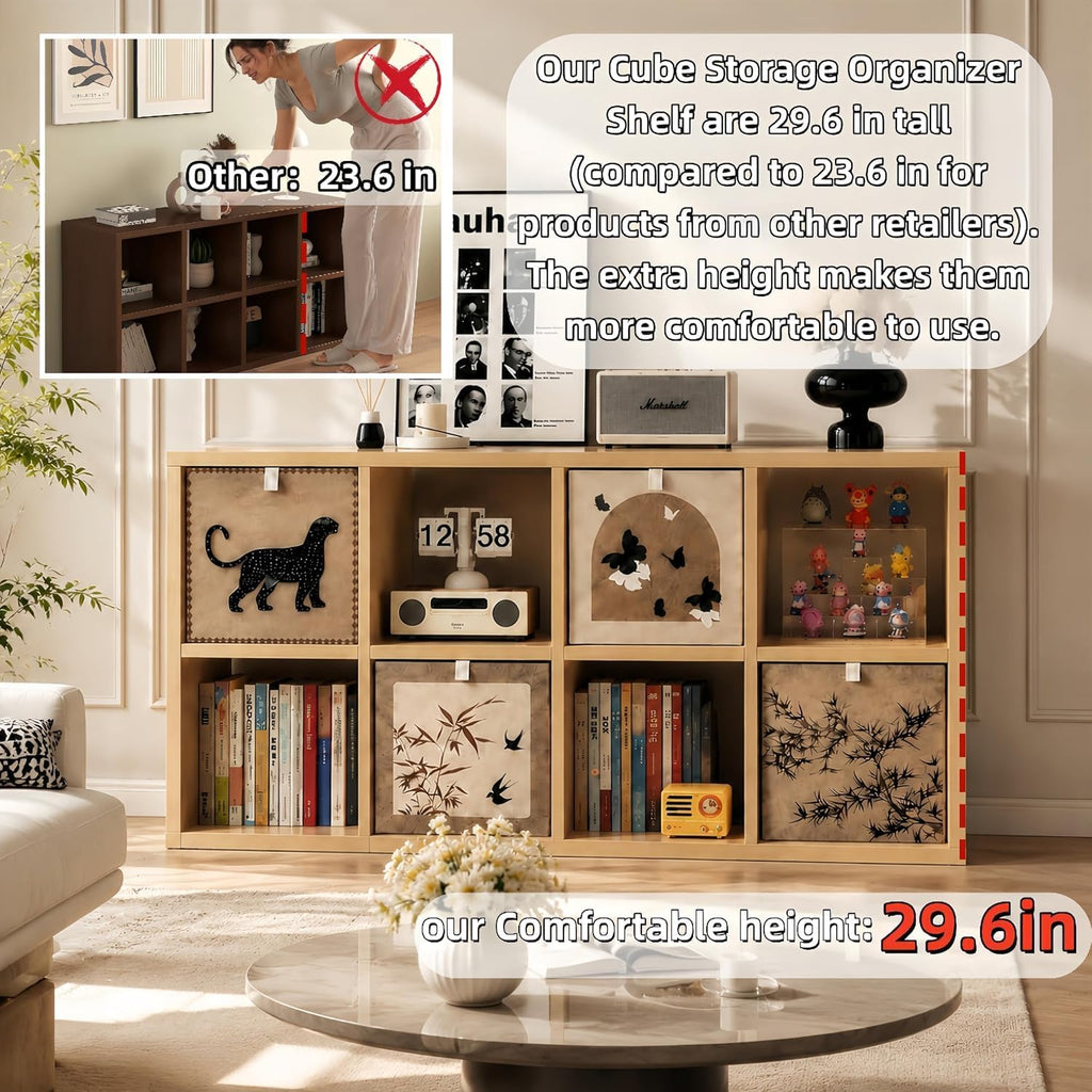 Real Solid Wood 8 Cube Storage Organizer Shelf with 4 Bins, Low Bookcase