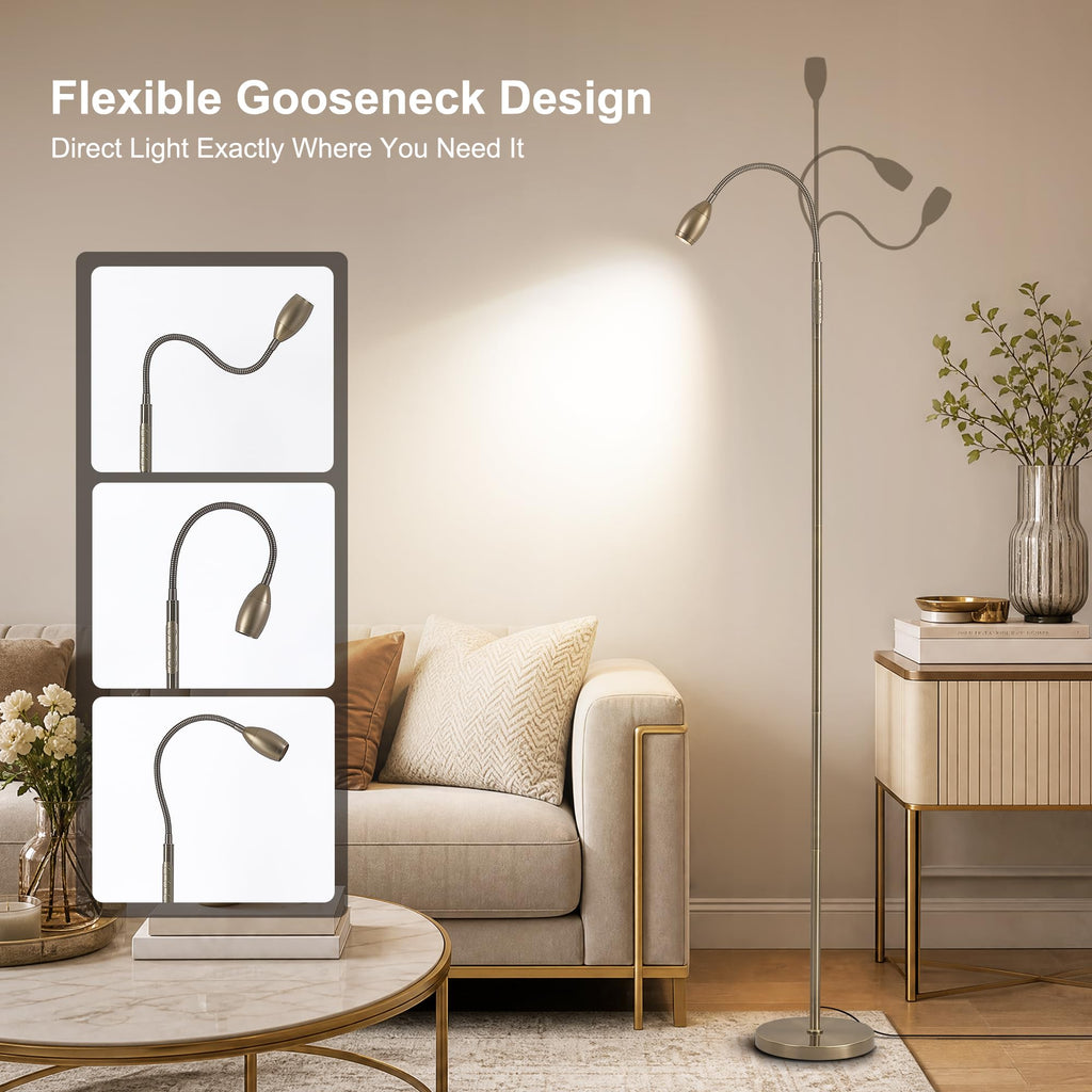 72" Reading Floor Lamp, Gooseneck LED Lamp with Zoomable Spotlight, Brass