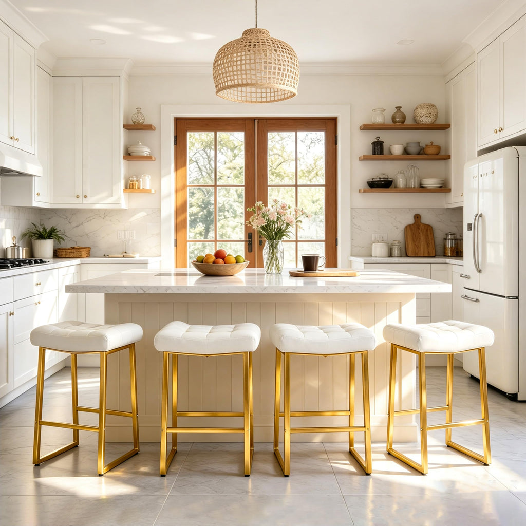 White & Gold Counter Height Bar Stools Set of 3 Counter Backless Kitchen Island Barstools with Upholstered Faux