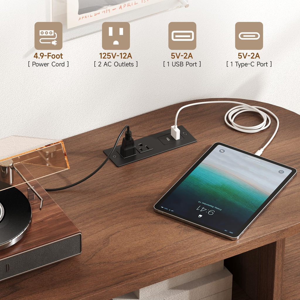 55" Large Round Record Player Stand with Charging Station, Walnut