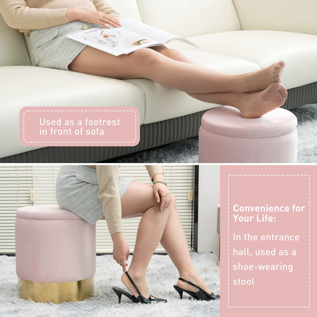 Round Storage Ottoman, Pink Velvet Ottoman with Storage, Upholstered Ottoman Foot Rest Stool with Gold Plating Base