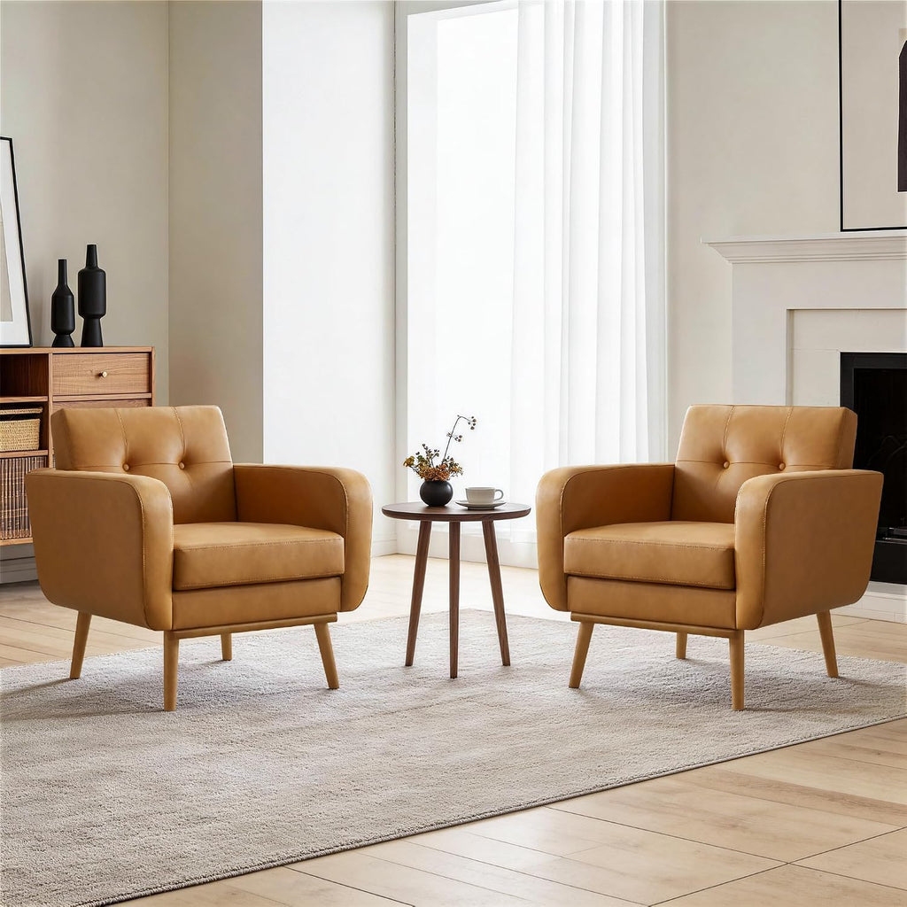 Leather Accent Chairs, Living Room Chairs (Brownish Yellow) - Set of 2