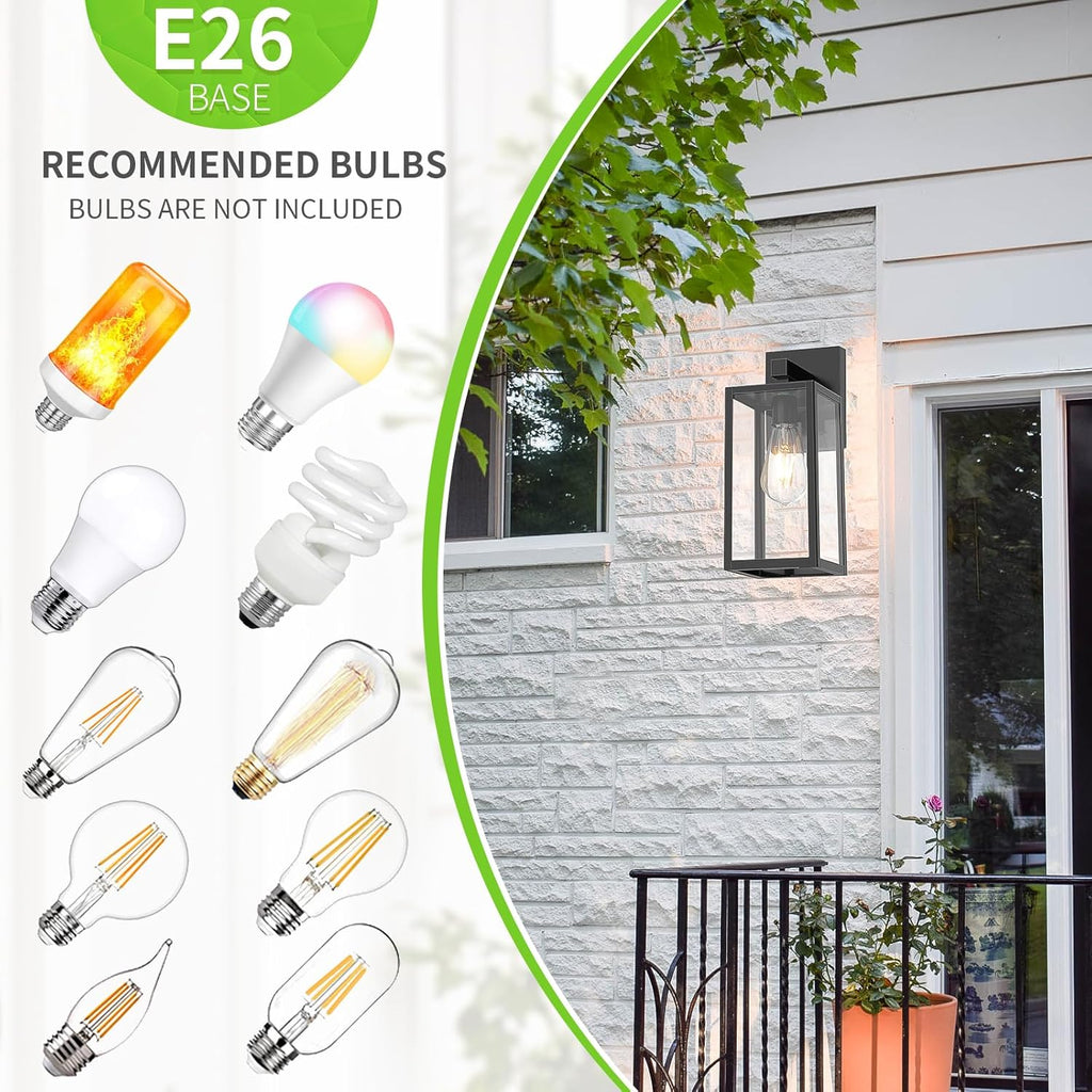 Outdoor Wall Sconce, Exterior Waterproof Wall Lantern Light Fixtures, Black Porch Lights with Toughened Glass Shade