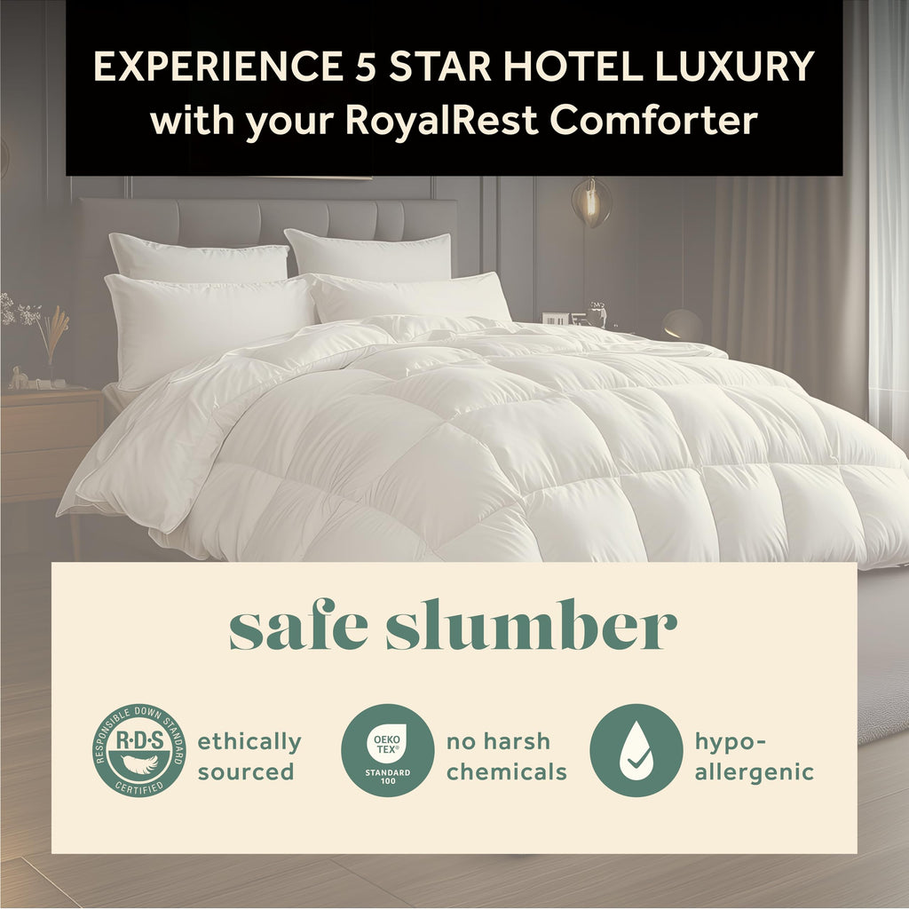 RoyalRest Comforter, 750+ Fill Power, Luxury European Goose Down, 100% Egyptian Cotton Cover with 400 Thread Count