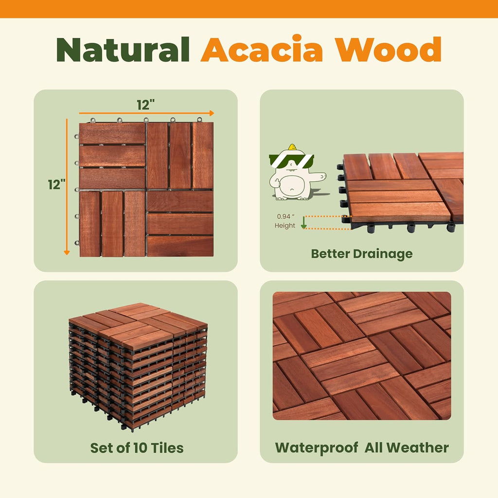 Premium Patio Deck Tiles, 10 PCs 12”x12” Snap Together Patio Flooring for Outdoor, Balcony, Porch, Poolside, Waterproof