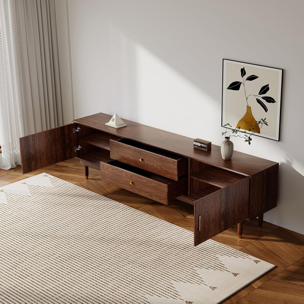78.7" Mid Century Modern TV Stand for 90 inch TV , Walnut | TV Console with 2 Storage Cabinet & 2 Drawers