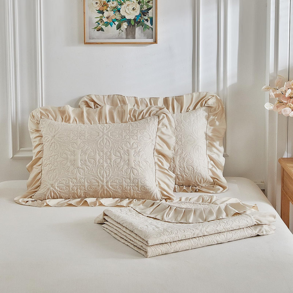 Ruffles Quilt Set 96 * 96in - 3 Pieces Solid Shabby Chic Farmhouse Ruffled Bedding Rustic Coverlet