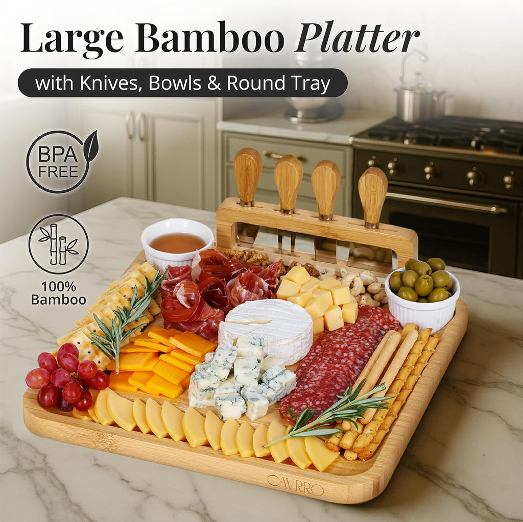Charcuterie Board Set Bamboo with Cheese Knives and Bowls, Large Wooden Serving Platter for Entertaining
