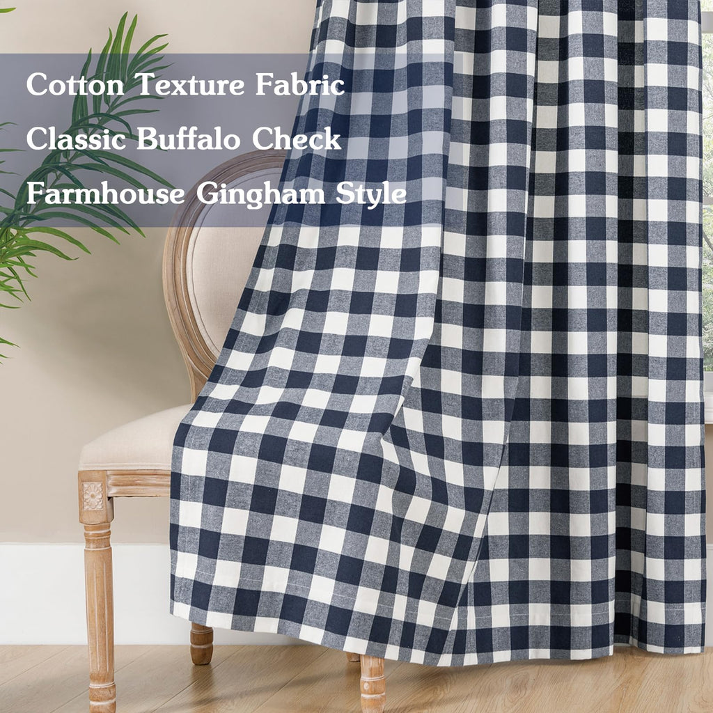 Buffalo Check Plaid Curtains Farmhouse Gingham Style Cotton Texture Rod Pocket Semi Curtain Drapes, Navy, 52 x 84