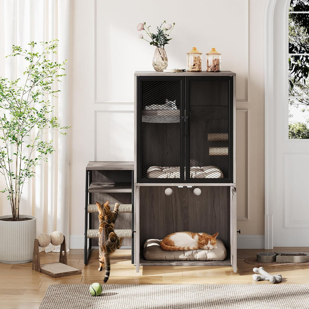 Double Cat Litter Box Enclosure Furniture with Doors - Hidden Storage, Ladder, Hammock, Metal Mesh - Multifunctional