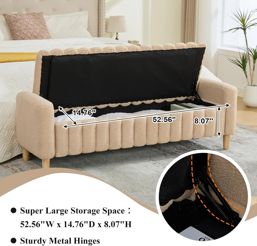63.5" Oversize Storage Ottoman Bench, Teddy Upholstered End of Bed Bench with Wave Channel Tufted Flip-Top, Modern