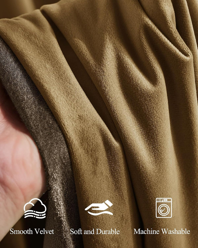 Pinch Pleated Curtains, Luxury Gold Brown Velvet Bedroom Curtains with Adjustable Hooks Back Tab Thermal Insulated