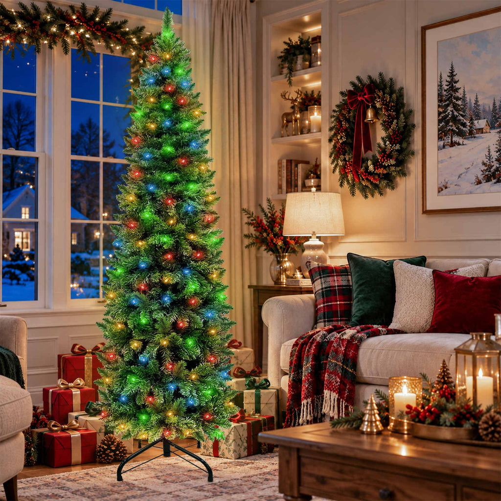 Dual Color Change 6.5 Ft Prelit Pencil Christmas Tree 8 Modes Timer Warm White & Multicolor Lights 826 Thick Branch