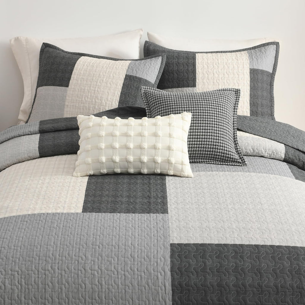 5-Piece Quilt Set, 100% Cotton, Patchwork Comforter Bedding Set, Farmhouse Plaid Quilted Bedspreads