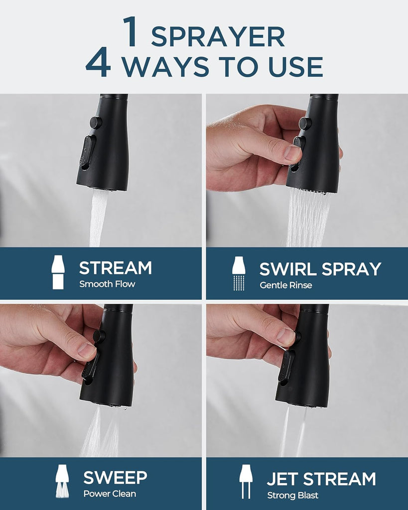 Kitchen Faucet with Soap Dispenser, 4-Function Pull Down Sprayer | Lead-Free, Modern Black, High Arc Stainless Steel