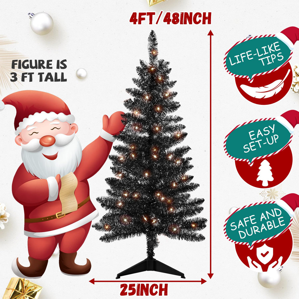 4ft Artificial Full Black Christmas Tree with Separate Lights, Not Pre-lit Mini Black Tinsel Pine Christmas Tree, 50
