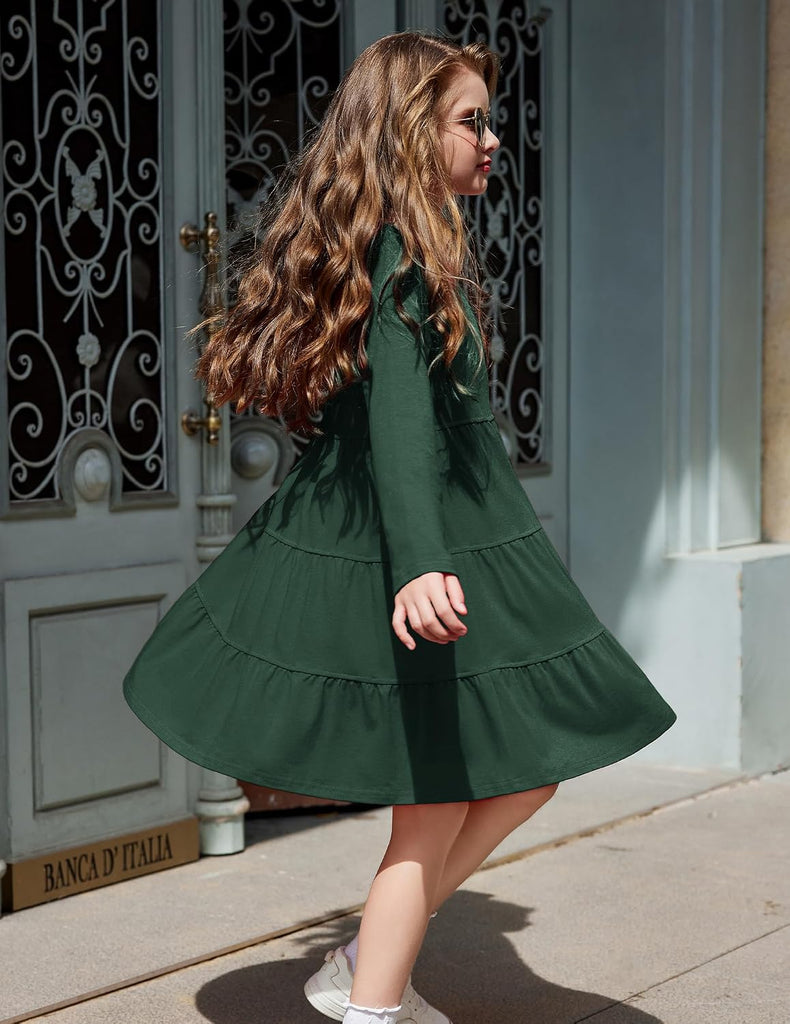Girl Long Sleeve Dress Tiered Ruffle Swing Tunic Shirt Dress
