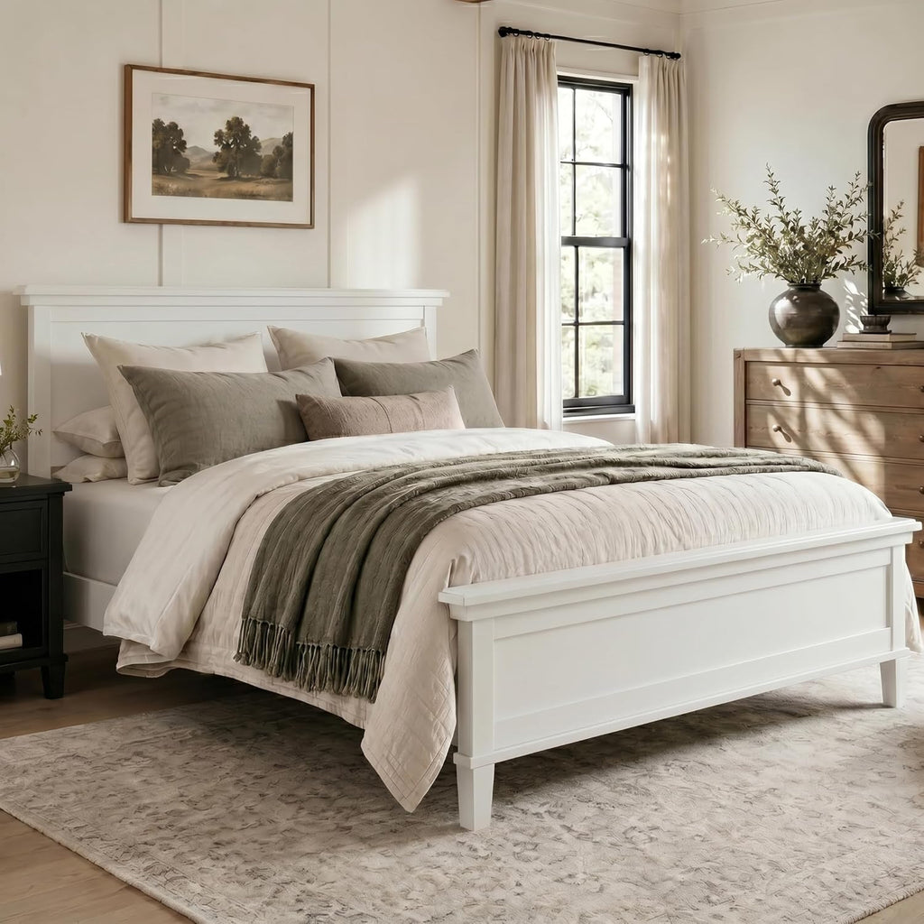 Queen Wood Platform Bed Frame with Headboard, Farmhouse Bed Frame, Mid-Century Modern Bedroom Furniture, Wood Slat