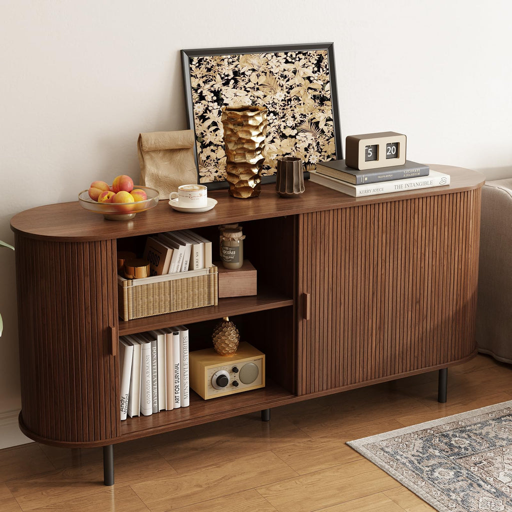 63" Sideboard Buffet Cabinet, Sliding Door/Adjustable Shelf, Walnut
