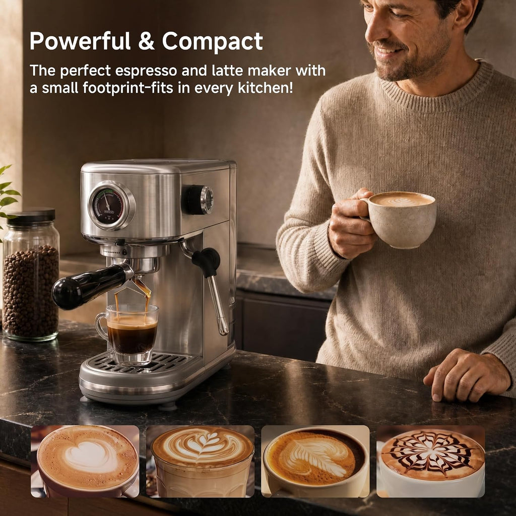 H10B Programmable Espresso Machine with LED Display & Pressure Gauge | 20 Bar Compact Stainless Steel Coffee Maker