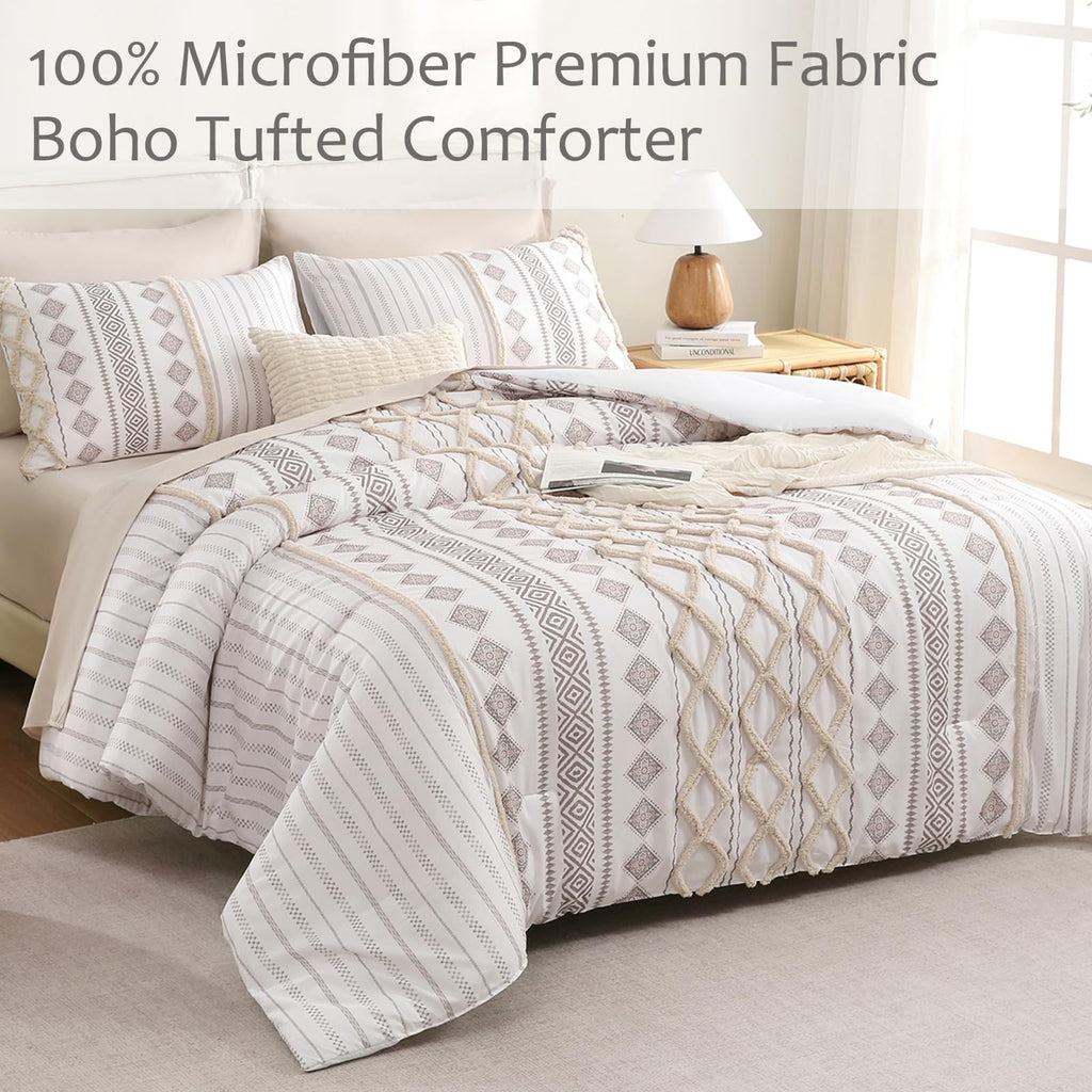 Tufted Boho Comforter Set Bed in A Bag, Shabby Chic Aztec Western Beige Bedding Tufted Decor Queen Size Bedding