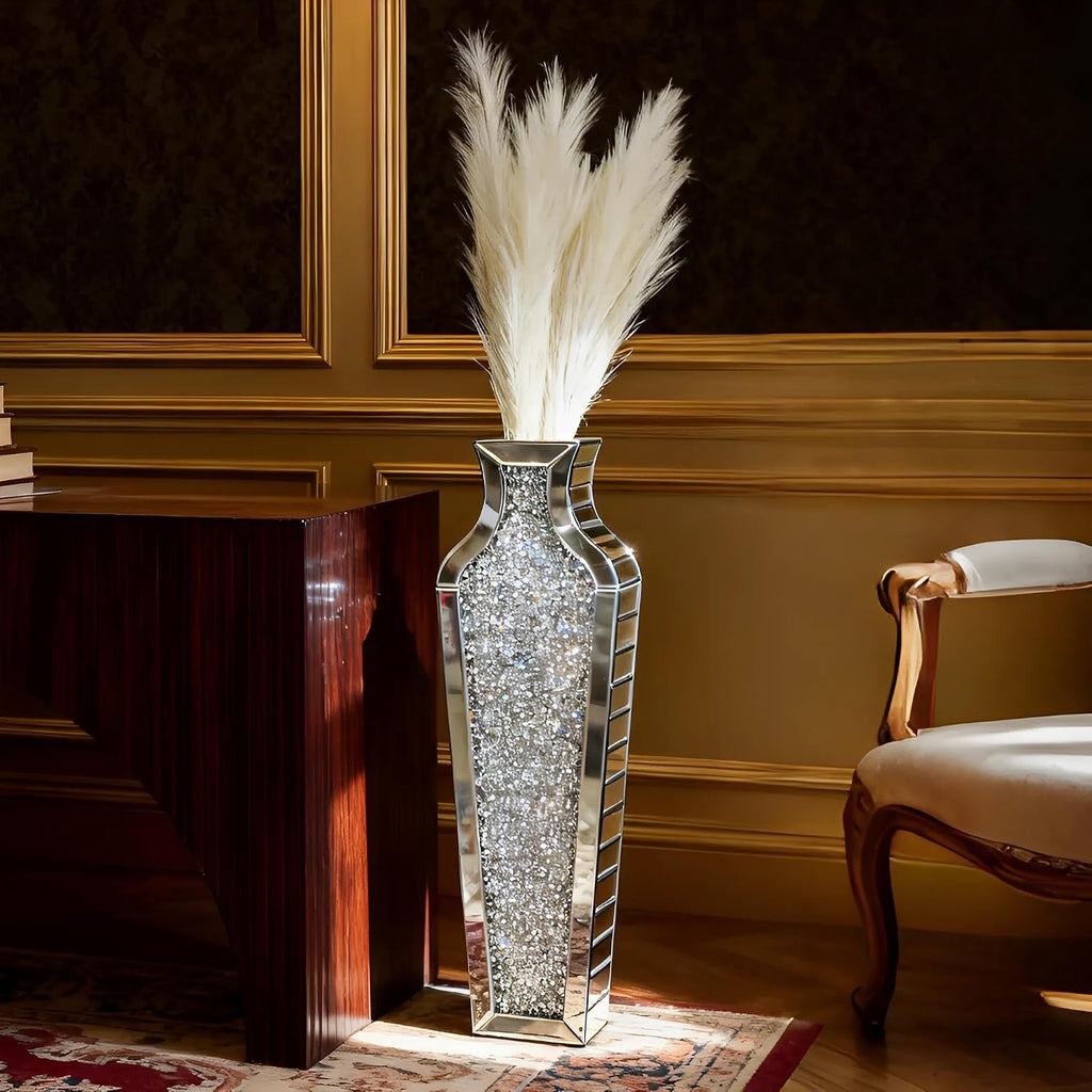 Crushed Diamond Floor Vase with Pampas Grass, Large Silver Mirror Tall Vases for Floor, Modern Luxury Glass Vases