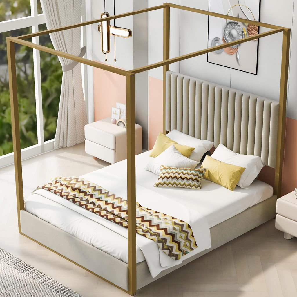 Modern 4-Poster Canopy Platform Bed Queen Size with Channel Upholstery Tufted Headboard, Gold Metal Canopied Design