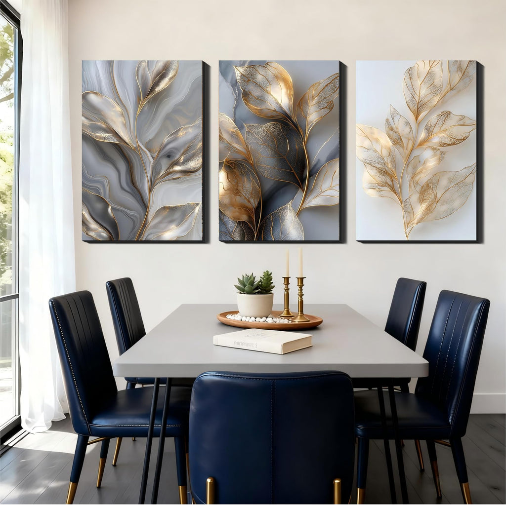 3 Pc Large Wall Art - Gold Leaf Marble Abstract Decor, Luxury Textured Prints, Oversize Elegant Wall Art, Framed