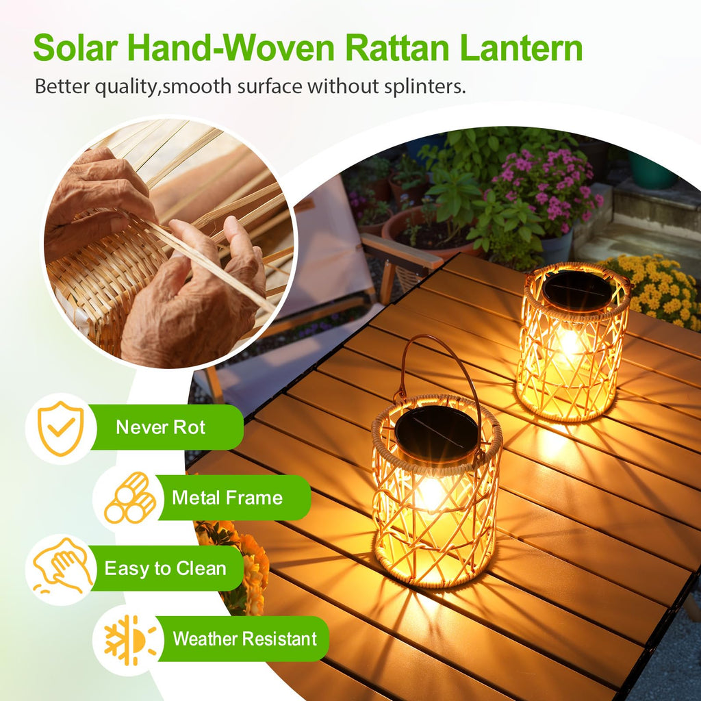 Solar Lantern Outdoor Lights, 2 Pack Bright Hanging Solar Lanterns Outdoor Waterproof with Handle, Decoration Rattan