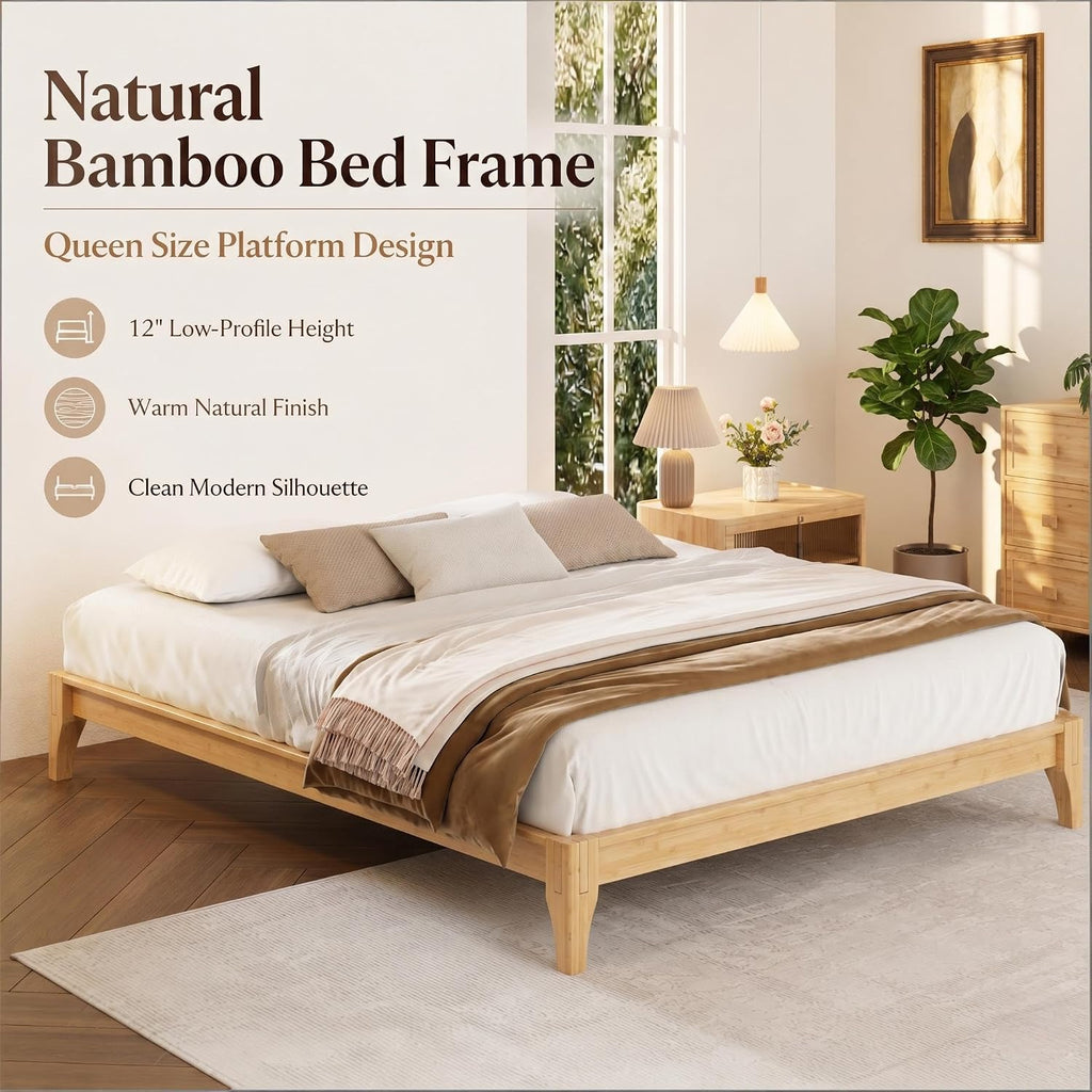 Natural Japanese Bed Frame, 12" H Low Profile Bamboo Bed Frame Without Headboard, Minimalist Wooden