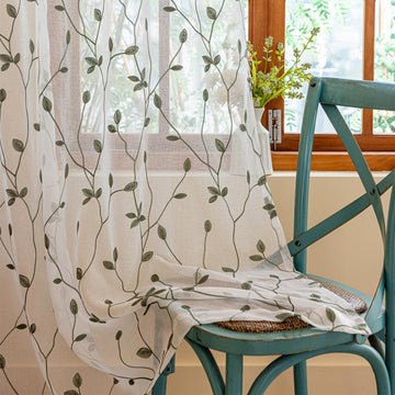 2 Panels Embroidered Leaf Pattern Semi Sheer Curtains Foliage Floral Voile Window Draperies Treatment Living Room Rod