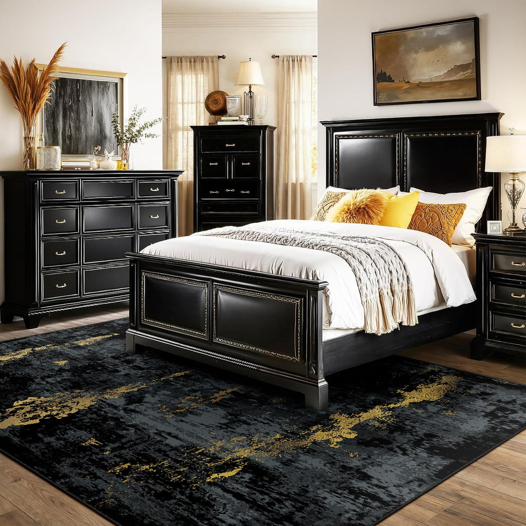 Washable 9'x12' Abstract Area Rug Black Gold