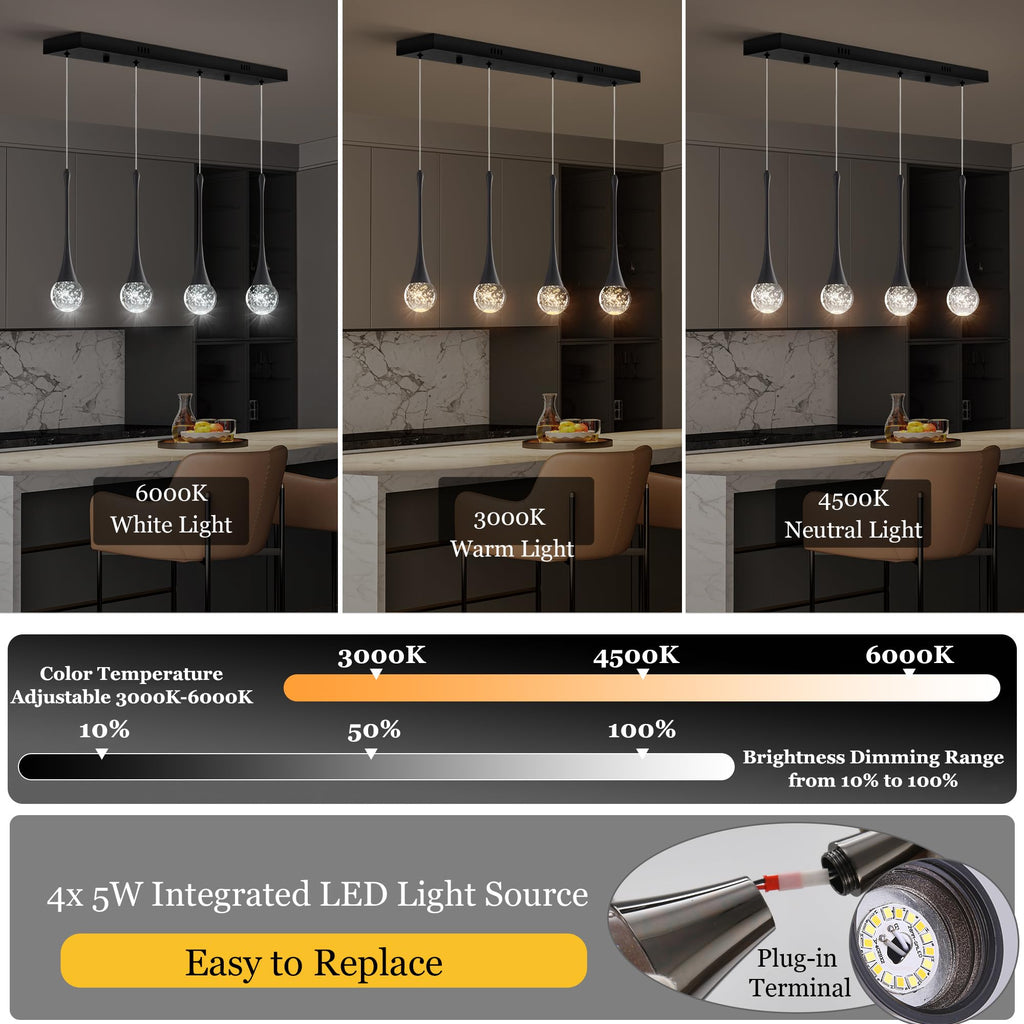 Modern Black Crystal Chandelier Island 4-Lights, Luxury Retangular Dimmable LED Bubble Raindrop Pendant Lighting