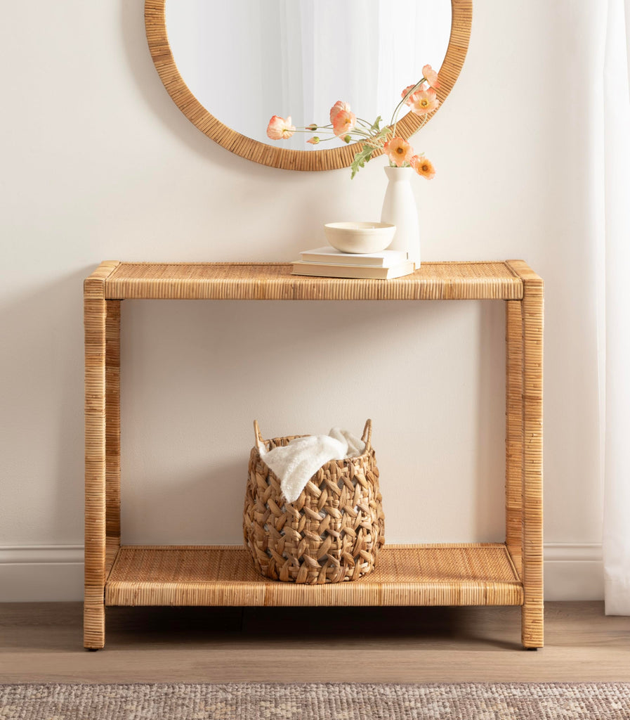 Rafina Coastal Rattan Rectangle Console Table, 36 x 12 x 30, Natural Brown, Decorative Tiered Rectangle Entryway