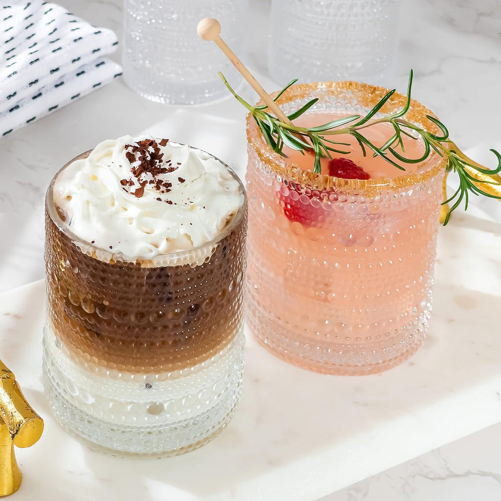 Beaded Drinking Glasses Set of 6, 10 oz Retro Vintage Glassware - Boho Cocktail Water Juice Glasses, Hostess or